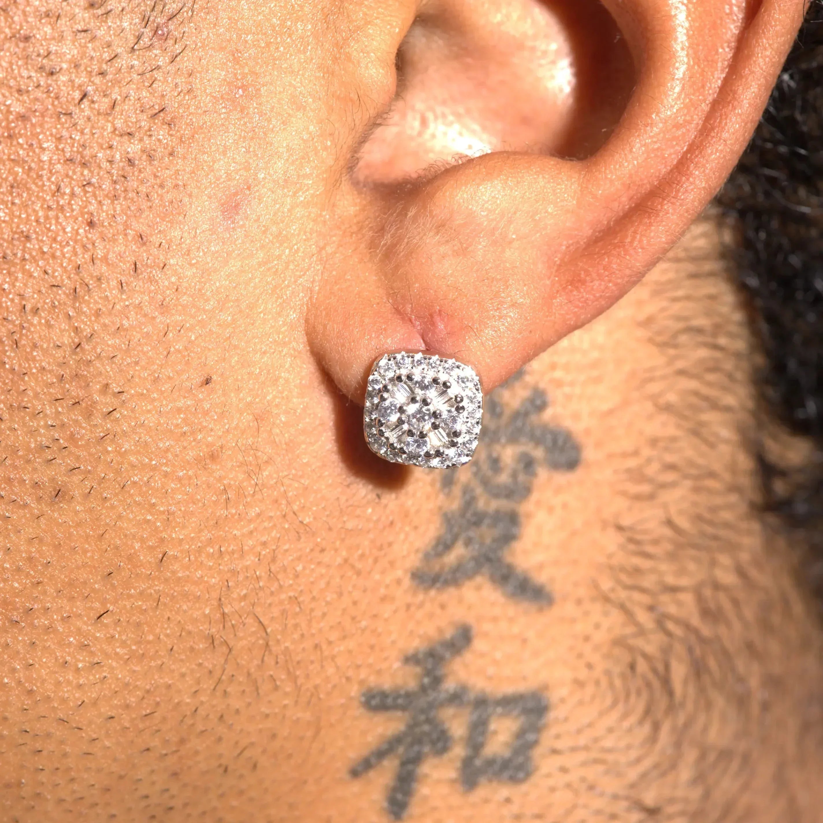 10MM Baguette Centre Square Stud Earrings - White Gold