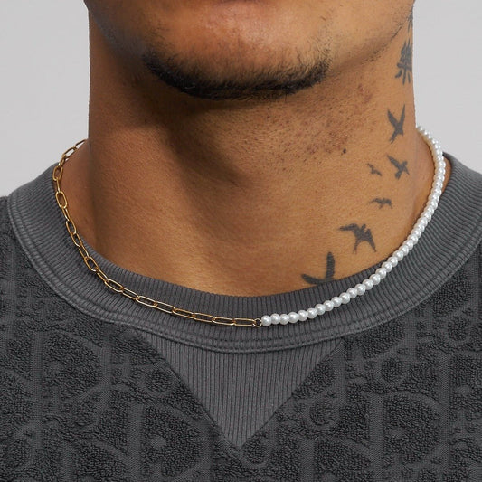 4mm Half Pearl & Link Necklace - Gold