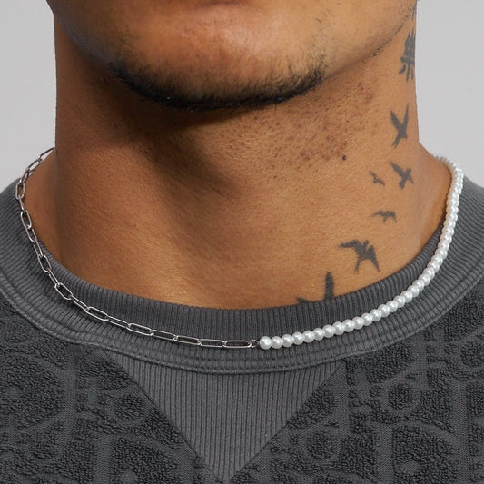 4mm Half Pearl & Link Necklace - White Gold