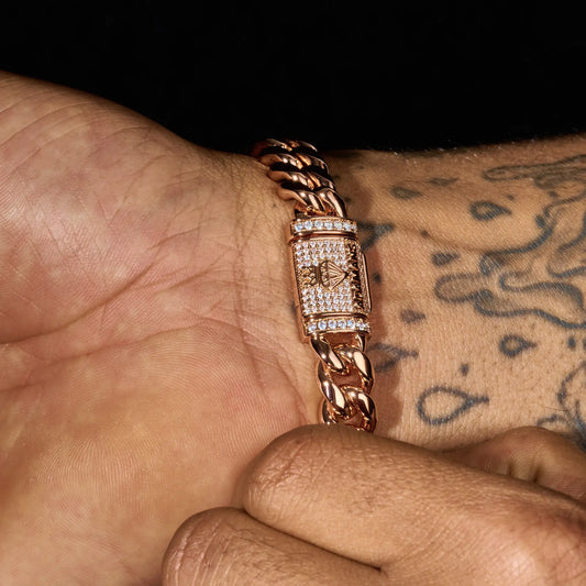 10mm Cuban Iced Clasp Bracelet - Rose Gold