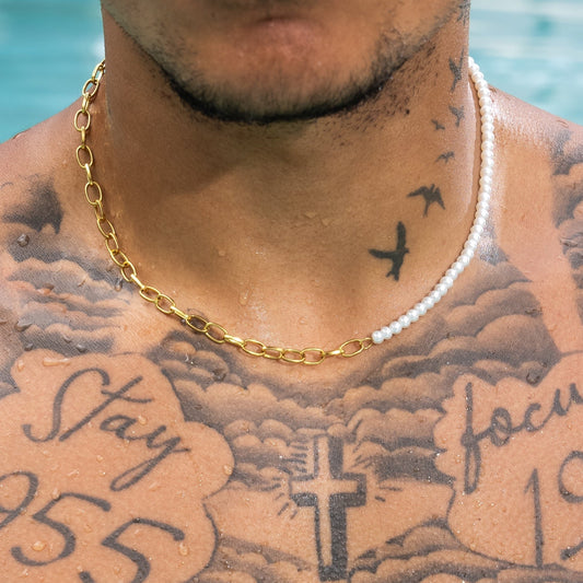 4mm Half Pearl & Large Rolo Necklace - Gold