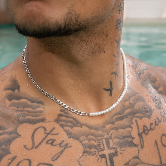 4mm Half Pearl & Figaro Necklace - White Gold