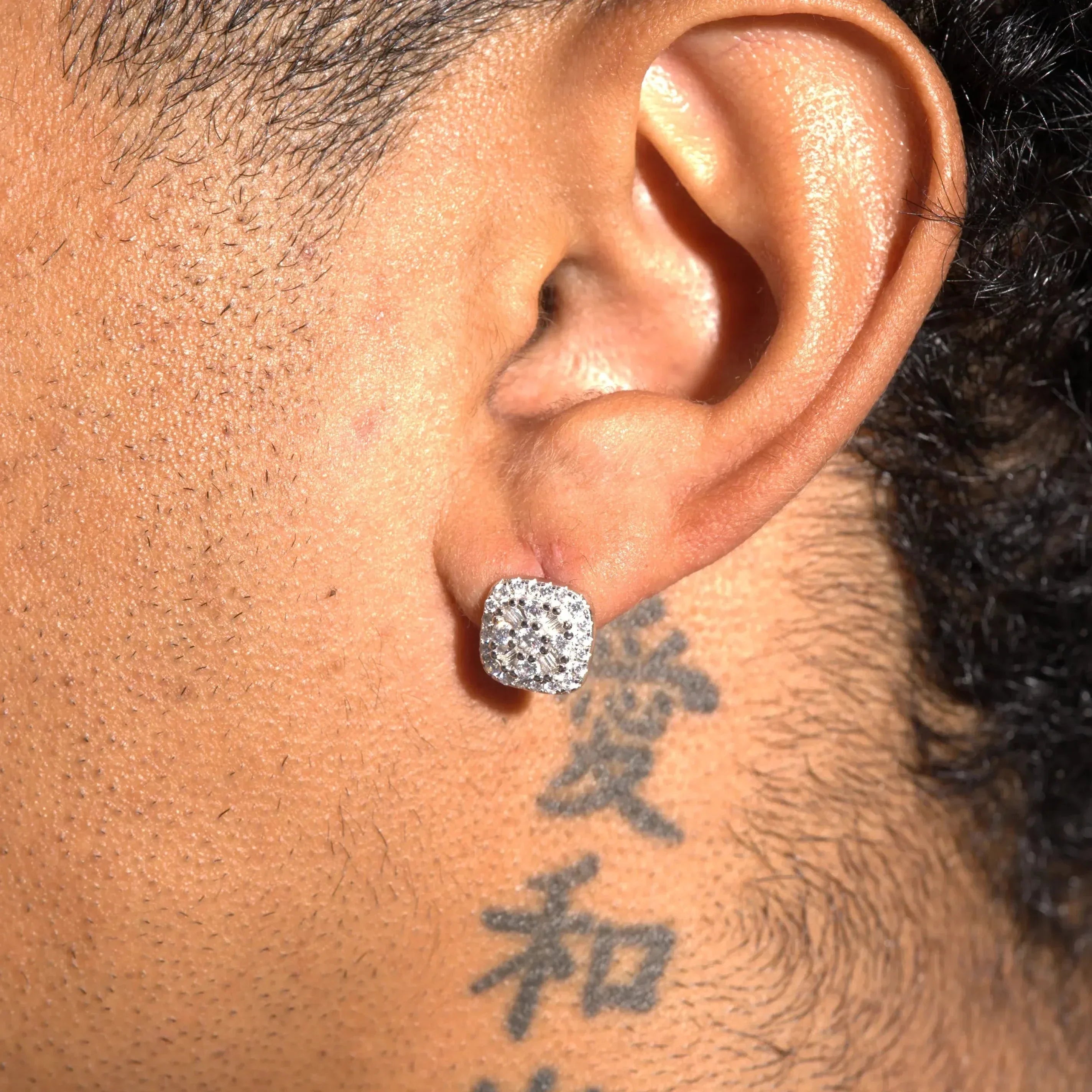 10MM Baguette Centre Square Stud Earrings  - White Gold