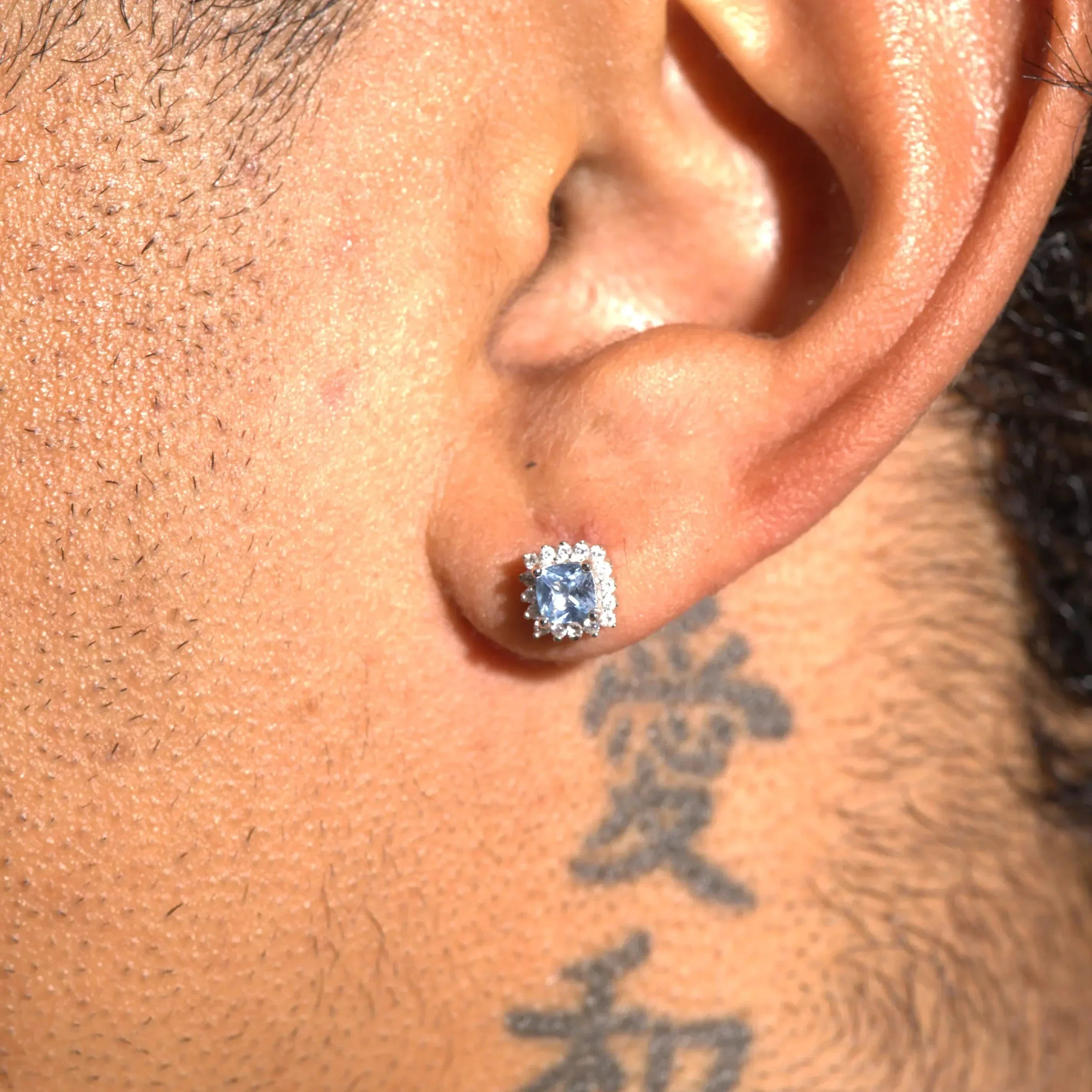 7MM Iced Square Cluster Earring - Blue