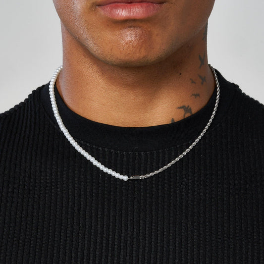 4mm Half Pearl & Rope Necklace - White Gold